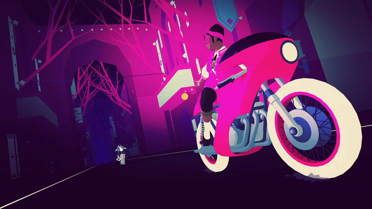 A masked woman on a neon-colored bike looks behind her