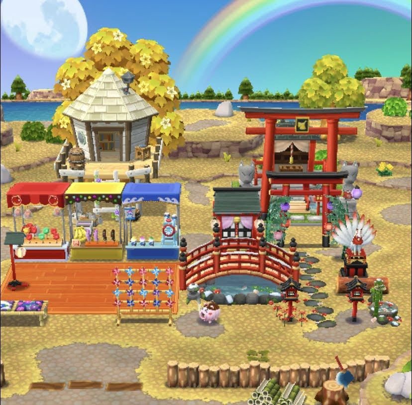 An Animal Crossing: Pocket Camp campsite that resembles a Japanese festival at a shrine