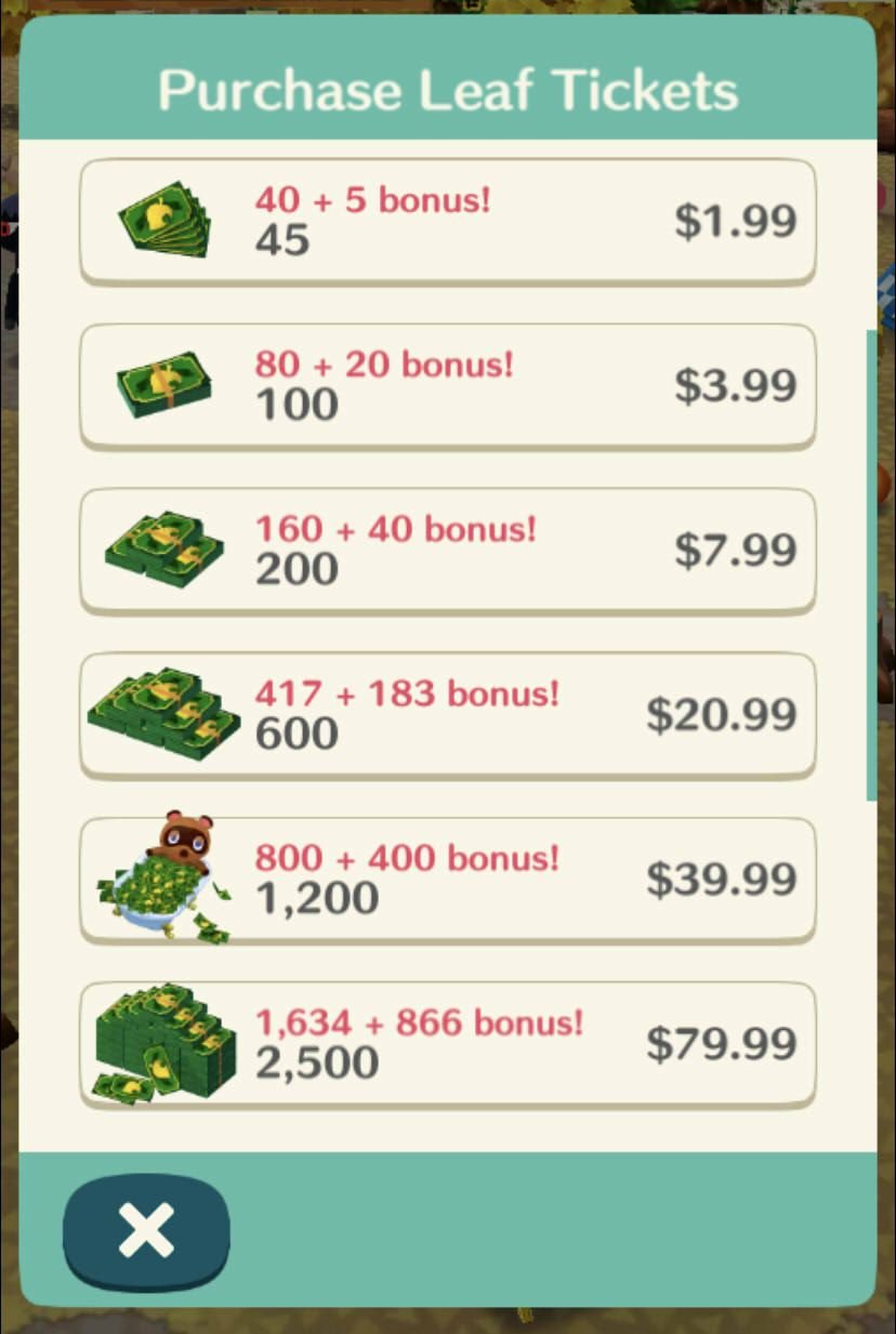 A menu showing the in-game screen when buying Leaf Tickets in Animal Crossing: Pocket Camp