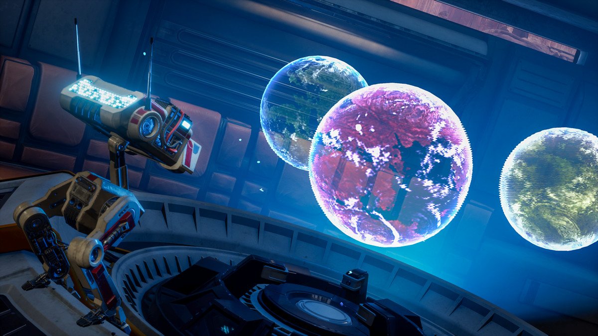 A droid looks over an array of holographic planets in Star Wars Jedi: Fallen Order