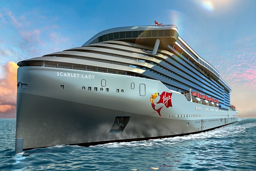 exterior of scarlet lady the new virgin voyages cruise ship