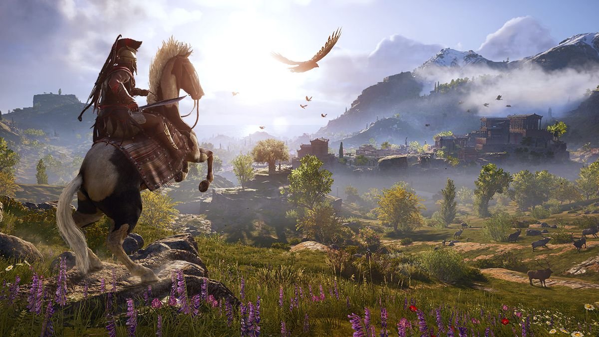 an armored warrior on a horse that’s rearing up in a field overlooking a hillside town in Assassin’s Creed Odyssey