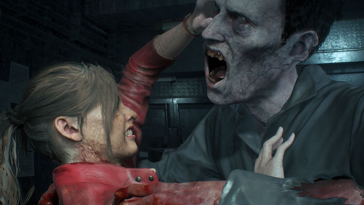 Claire Redfield holds off a hungry zombie in a screenshot of the Resident Evil 2 remake.