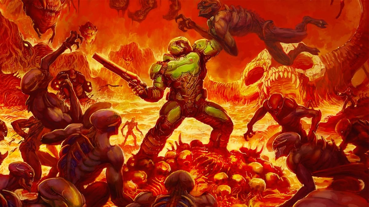 artwork of the Doomguy fighting hordes of demons