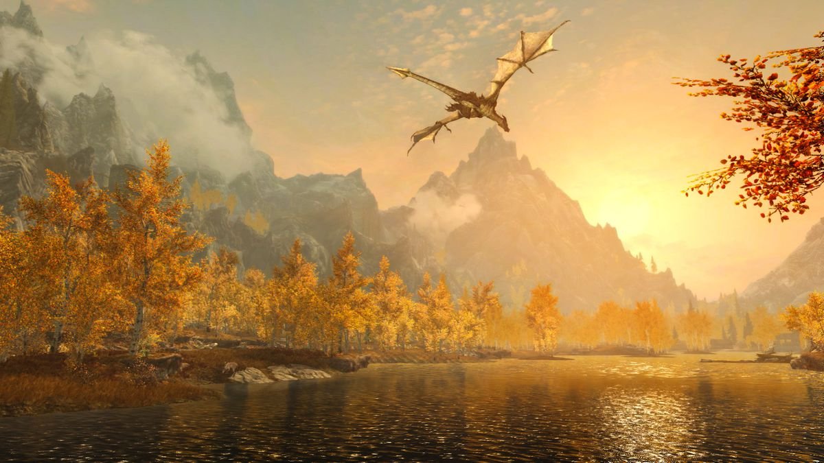 The Elder Scrolls 5: Skyrim - a dragon flying over a river at sunset