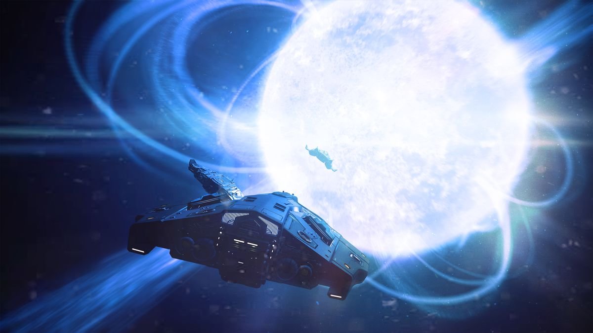 Ships around a supermassive white star in Elite: Dangerous.