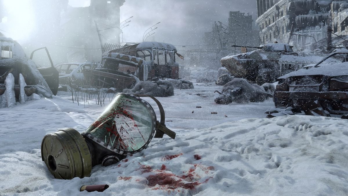 A screenshot of Metro Exodus with a bloody gas mask