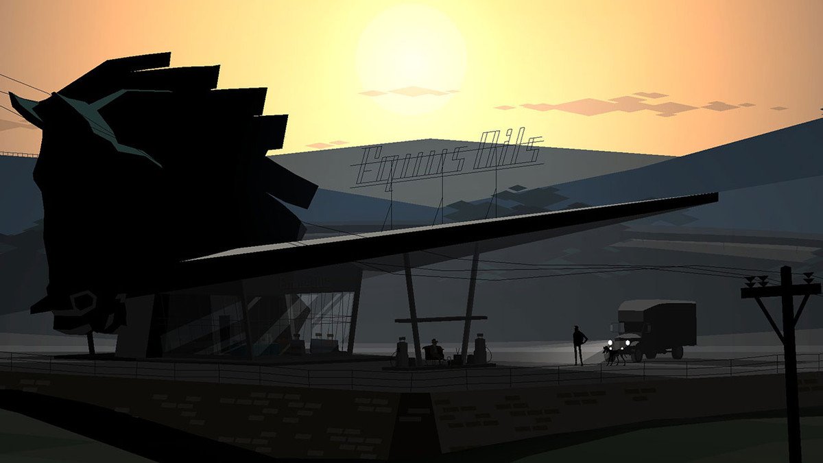 A gas station during a sunset in Kentucky Route Zero