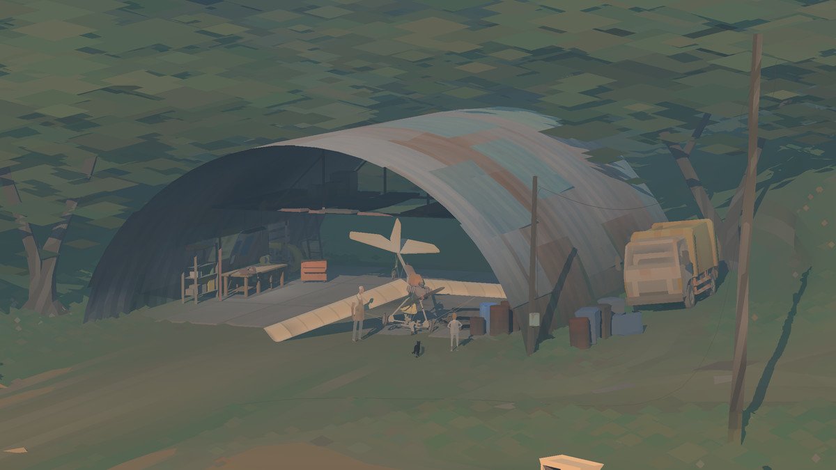 A propellor plane being fixed in a hanger in Kentucky Route Zero