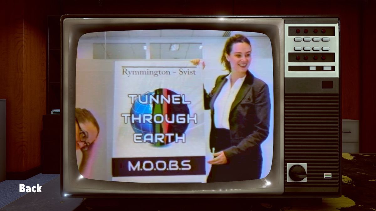 an old-school CRT TV with a woman holding up a “Tunnel Through Earth: M.O.O.B.S.” sign in Not for Broadcast