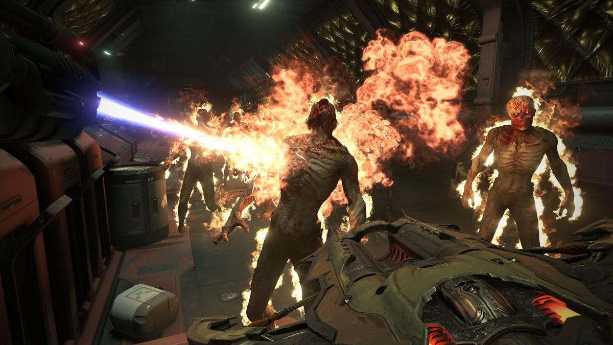 skeletal demons are set on fire in Doom Eternal