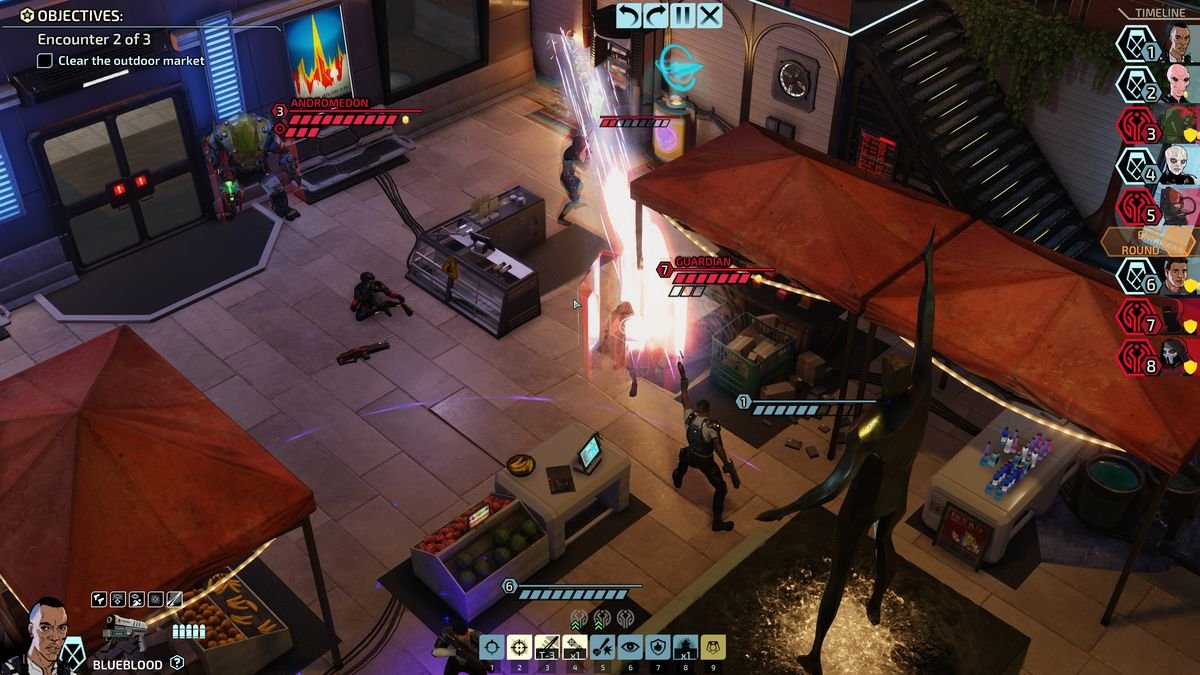 An XCOM soldier named Blueblood, an expert in dual-wielding powerful pistols, takes aim at two high-powered enemies with a single blast.