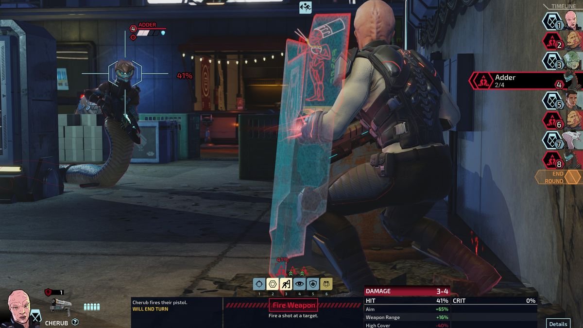 Cherub, a hybrid XCOM agent wielding a shield and a pistol, takes aim at a new Adder unit.