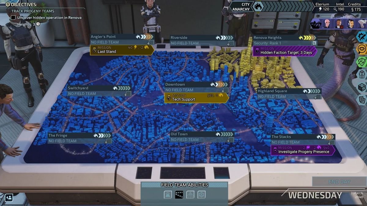 XCOM Chimera Squad members stand around a holographic display table showing areas of City 31 and various missions available for direct action.