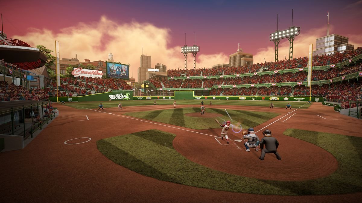 a wide shot from the stands behind home plate of a game being played at dusk in Super Mega Baseball 3