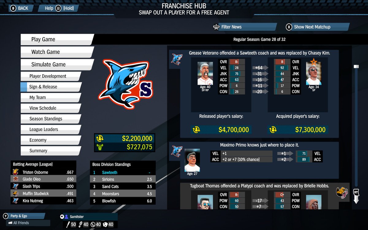 the hub screen of the franchise mode in Super Mega Baseball 3, with the cursor on Sign & Release