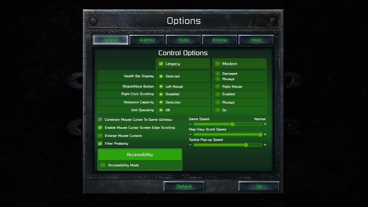 The control options menu in Command Conquer Remastered