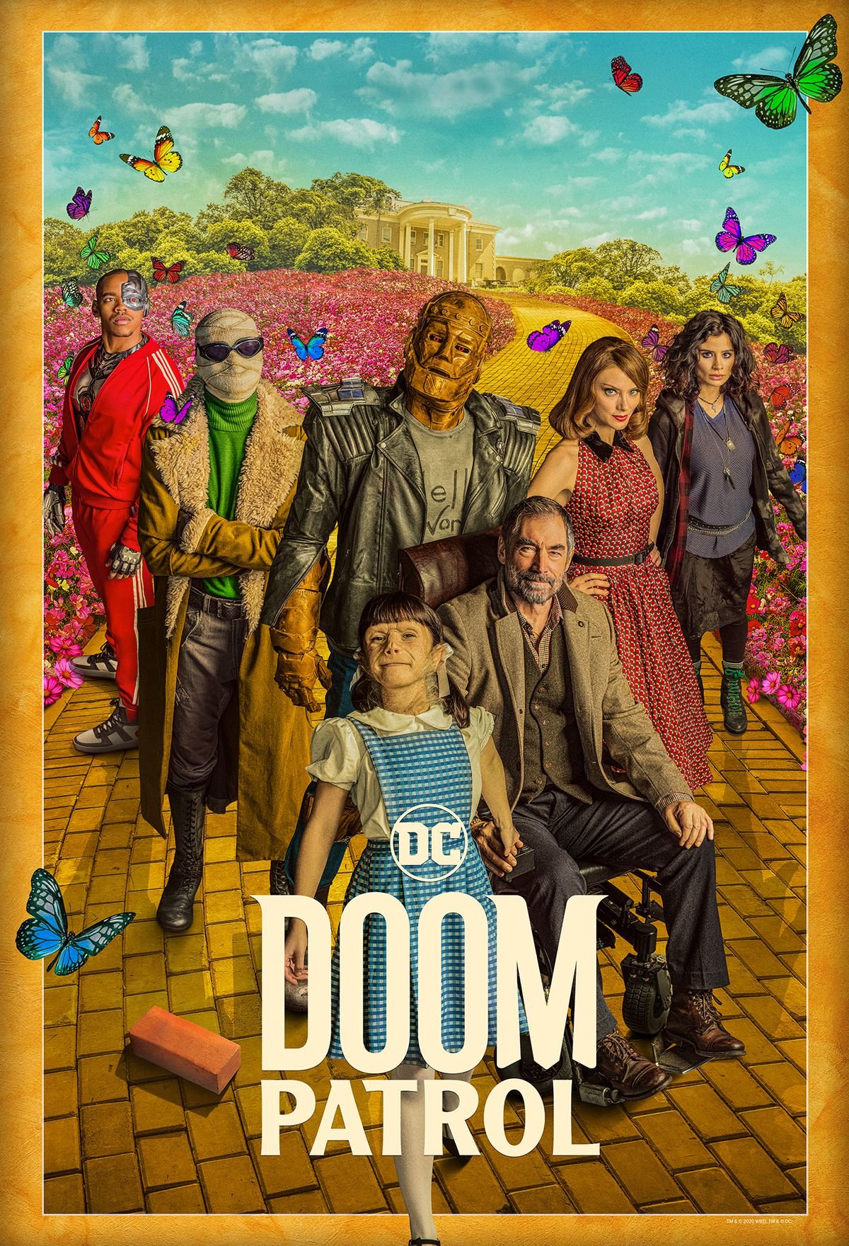 Cyborg, Negative Man, Robotman, Rita Farr, Crazy Jane, Danny the Brick, Dorothy Spinner, and the Chief on a poster for Doom Patrol season 2. 