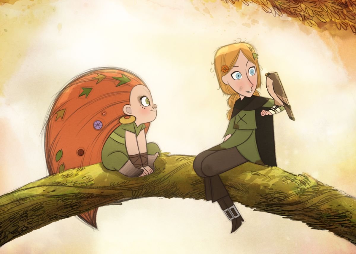 two girls sit on a branch