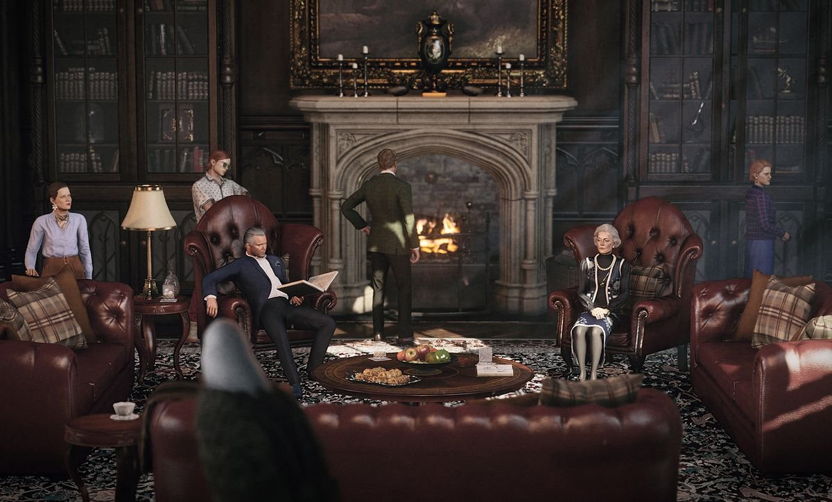 the Carlisle family gathered around a fireplace at Thornbridge Manor in Hitman 3’s Dartmoor location