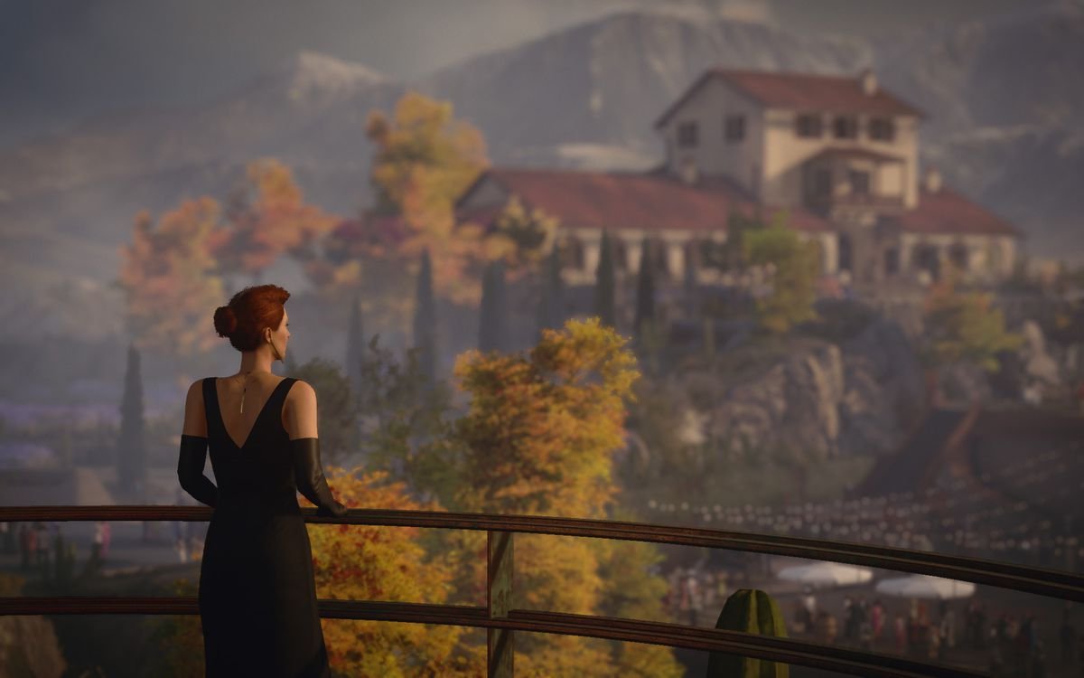 a shot from behind Diana Burnwood in an evening gown standing at a scenic overlook in Mendoza, Argentina, in Hitman 3