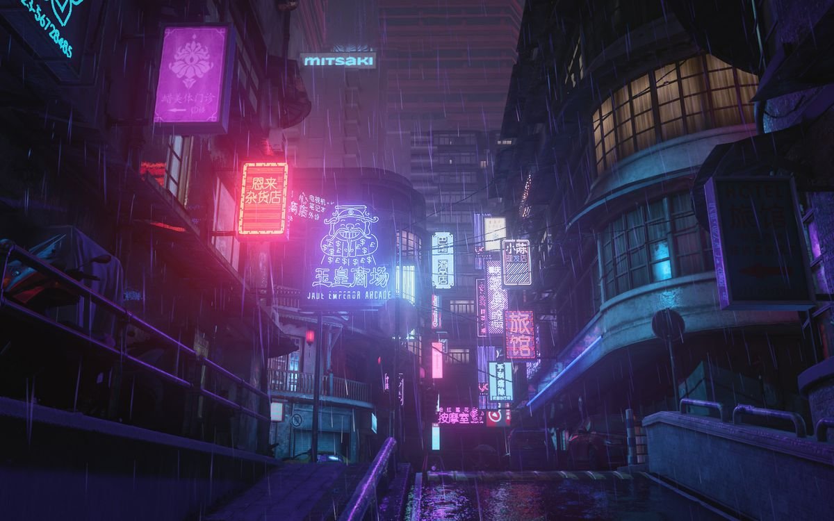 looking up at the neon signs above a city street as rain falls in Chongqing in Hitman 3