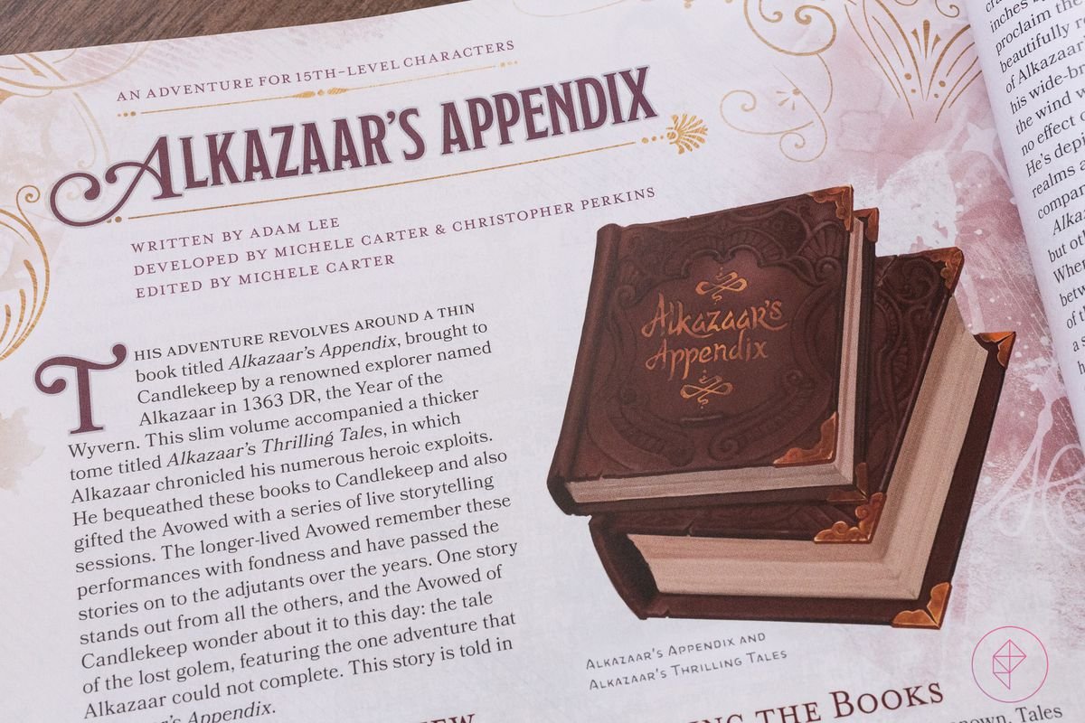 A look at one of the chapters, titled Alkazaar’s Appendix. A picture of the book in question accompanies the text.