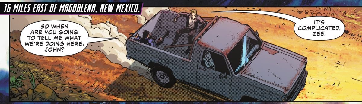 Zatanna and John Constantine in the bed of a flatbed truck, traveling at speed. “So when are you going to tell me what we’re doing here, John?” she asks, in Justice League #59, DC Comics (2021). 