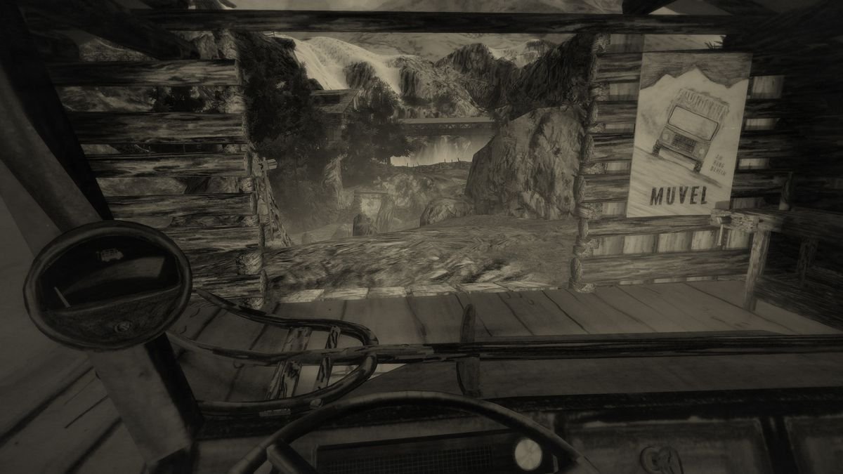 Mundaun - the player looks out of a bus’s front window, over the wheel. They are blocked from progressing forward by a wooden gate, which is open.