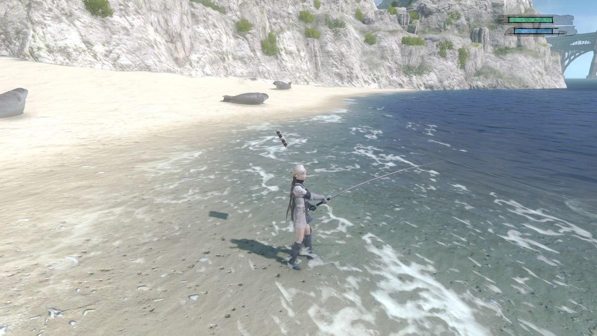 Nier goes fishing in a beautiful ocean in Nier Replicant.