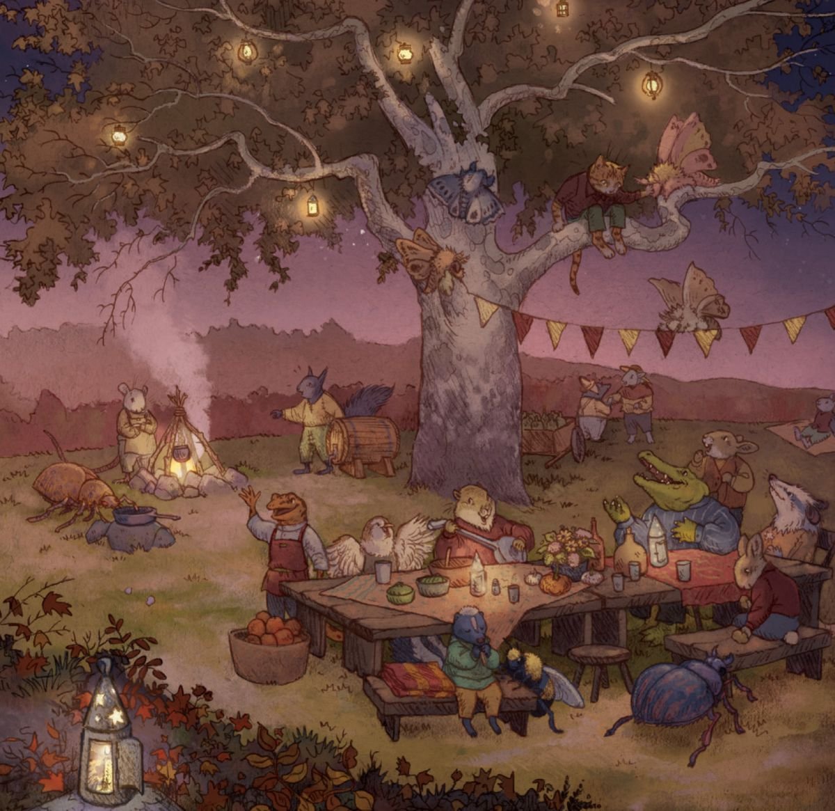 A group of animals, including moths, squirrels, mice, bears, and a crocodile string lights and banners for a feast. A table is laid out with wine and fruits.