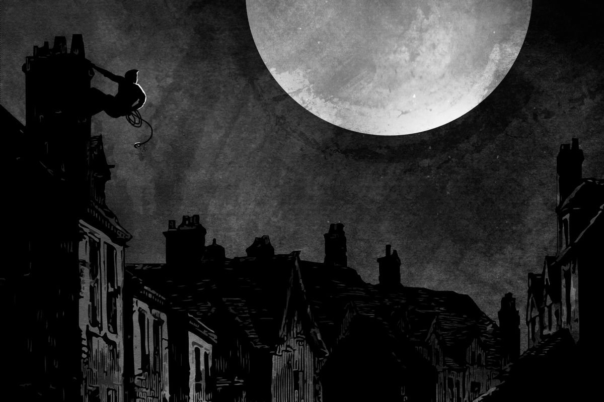 On a moonlit night, a thief clings to the side of a building on a canal