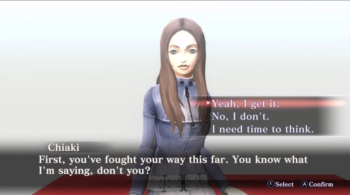 Chiaki talks to the player character in Shin Megami Tensei 3: Nocturne