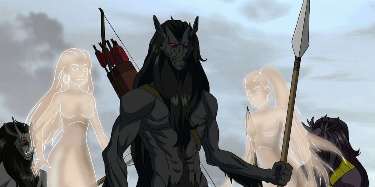 A horse-headed gray man with a spear, bow, and arrow stands in front of two others of his kind, and two transluscent, long-haired female ghosts in Trese