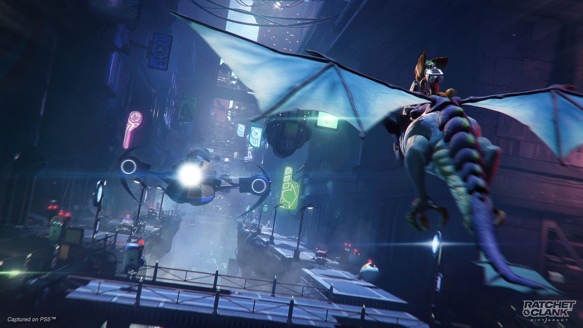 Ratchet rides a flying creature in Ratchet & Clank: Rift Apart