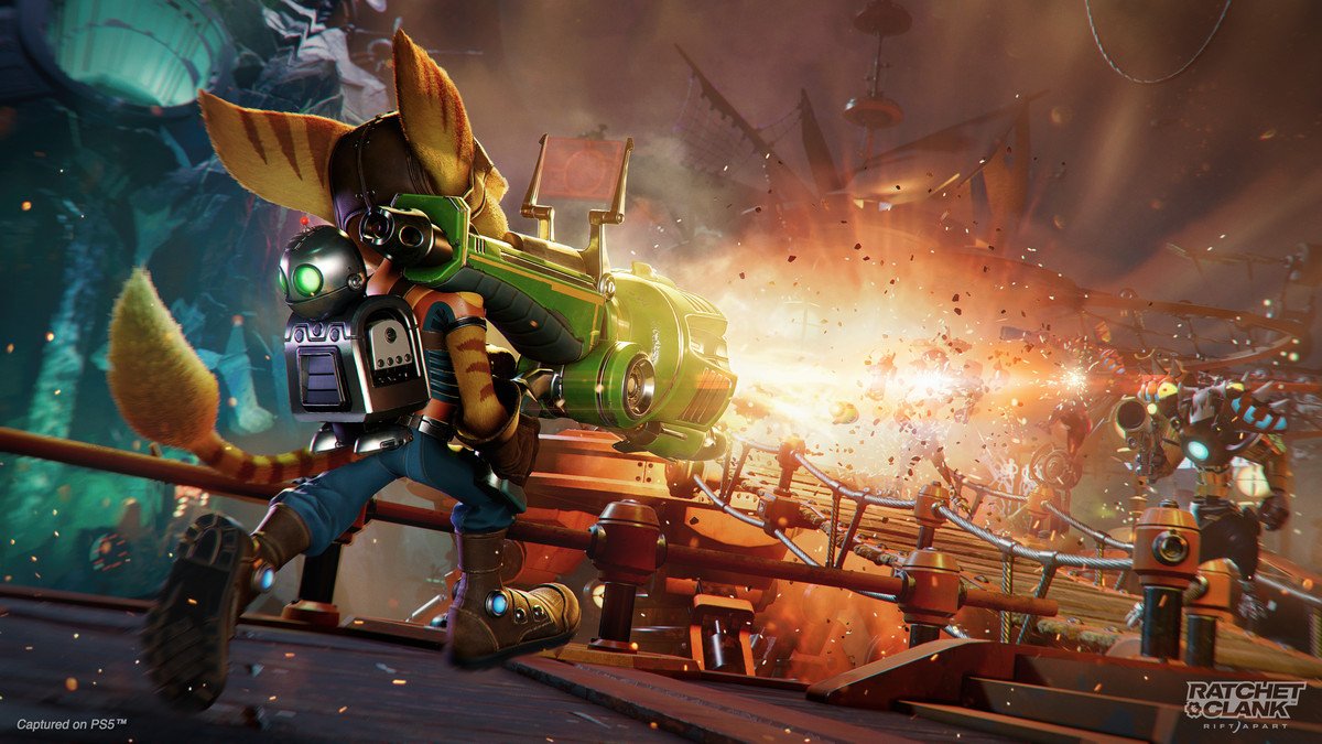 Ratchet uses a rocket launcher in Ratchet & Clank: Rift Apart