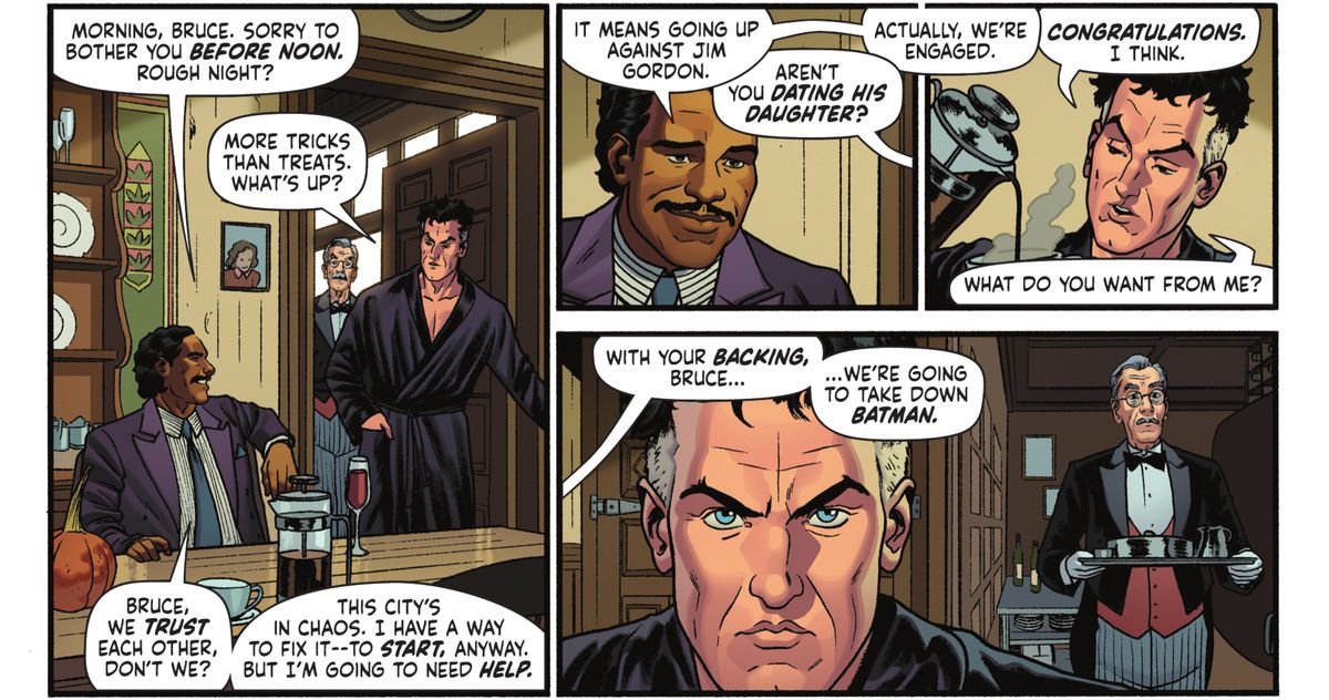 Harvey Dent visits Bruce Wayne to request his help in taking down Batman in Batman ’89 #1 (2021).