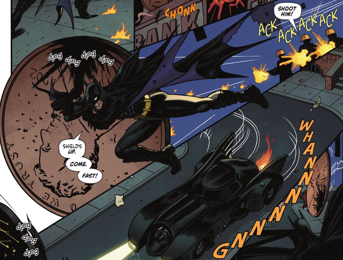 Batman runs alongside a giant penny deflecting gunfire in Batman ’89 #1 (2021).