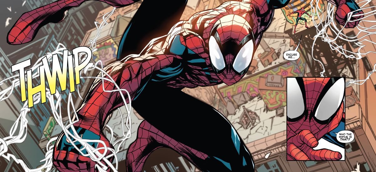 Peter Parker/Spider-Man sights a mysterious other Spider-Man (Ben Reilly) swinging through the city. “Excuse me,” he says to himself, “Who the #$%& is that?” in The Amazing Spider-Man #75 (2021).