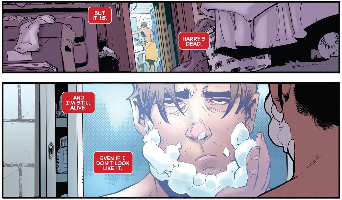 A depressed Peter Parker lathers up to shave as he thinks “Harry’s dead. And I’m still alive. Even if I don’t look like it,” in The Amazing Spider-Man #75 (2021). 