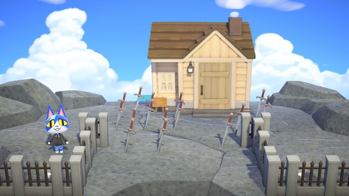 A screenshot from Animal Crossing: New Horizons Happy Home Paradise DLC, with a blue cat standing in the front yard of a home, which has a rocky foundation full of swords.