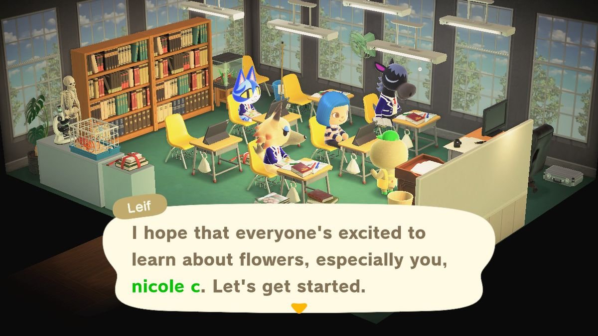 A screenshot from Animal Crossing: New Horizons Happy Home Paradise DLC, where villagers are sitting in a classroom and Leif is giving a lecture about hybrid flowers.