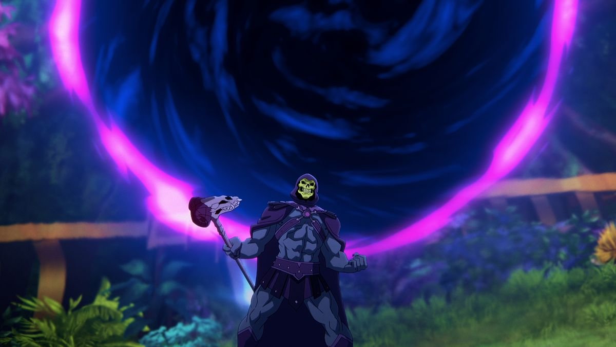 Skeletor stands in front of a dark blue void ringed with crackling pink energy in Masters of the Universe: Revelation