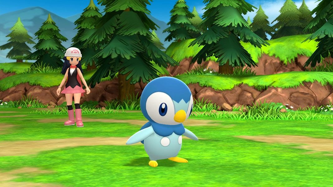 A Pokémon trainer and Piplup prepare for battle in Brilliant Diamond and Shining Pearl