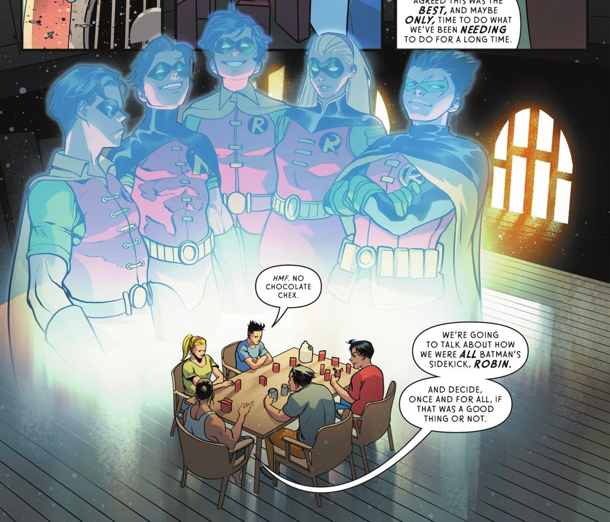 The five characters who have been Robin sit around a table eating cereal out of tiny boxes, overshadowed by ghostly images of themselves in costume in Robins #1 (2021). 