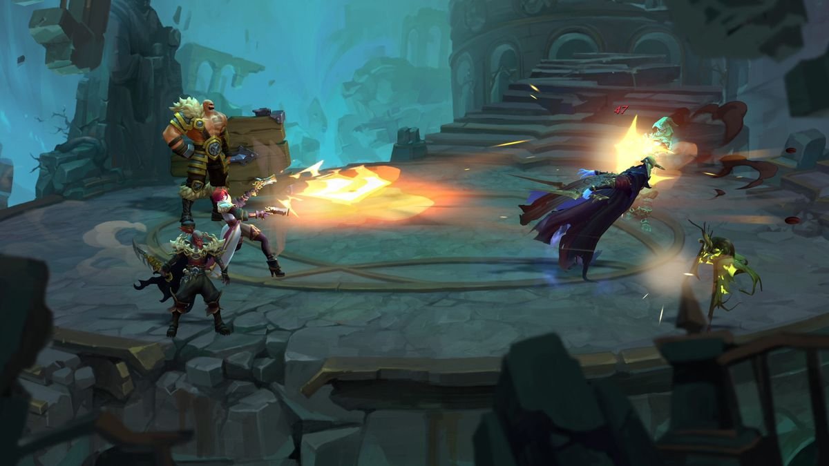 Ruined King: A League of Legends Story - Miss Fortune, Braum, and Pyke battle in the desolate gloom of the Shadow Isles