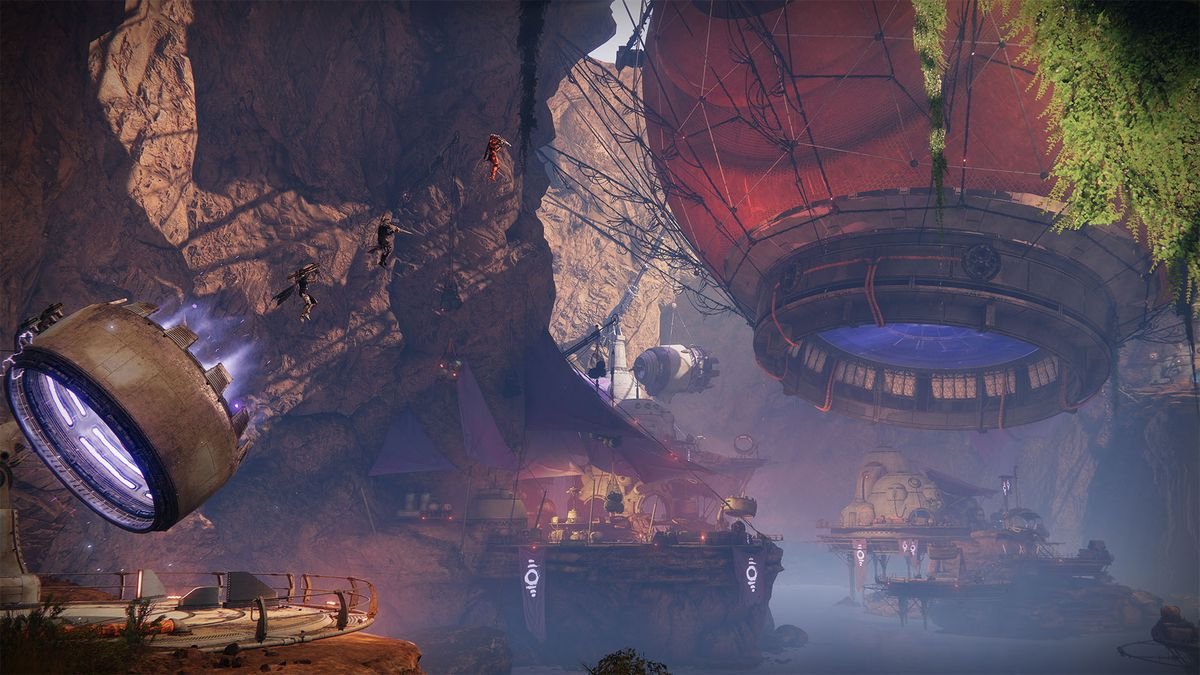 Three Guardians launch their way to the final boss in Destiny 2’s Grasp of Avarice dungeon