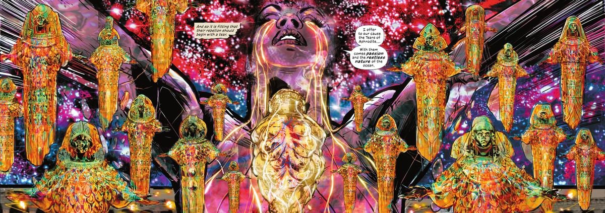 Aphrodite gives the soon to be reincarnated souls of the Amazons — depicted as a score of intricate golden death visages, each one unique from the others — with her glowing divine tears in Wonder Woman Historia: The Amazons #1 (2021).