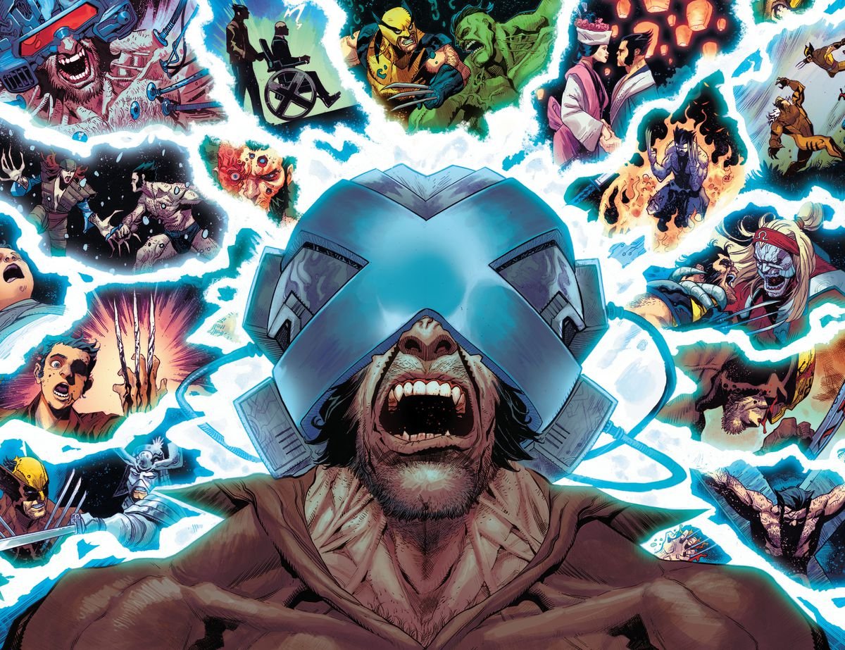 Wolverine, mouth open in shock or pain, wears the Cerebro helmet as his mind is blasted with images from his exceedingly long life in X Lives of Wolverine #1 (2022). 