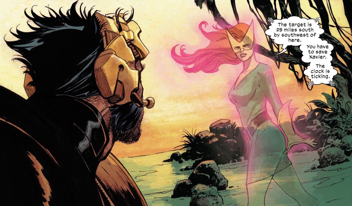 “The target is 25 miles south of here,” a spectral Jean Grey tells Wolverine. “You have to save Xavier. The clock is ticking,” in X Lives of Wolverine #1 (2022). 